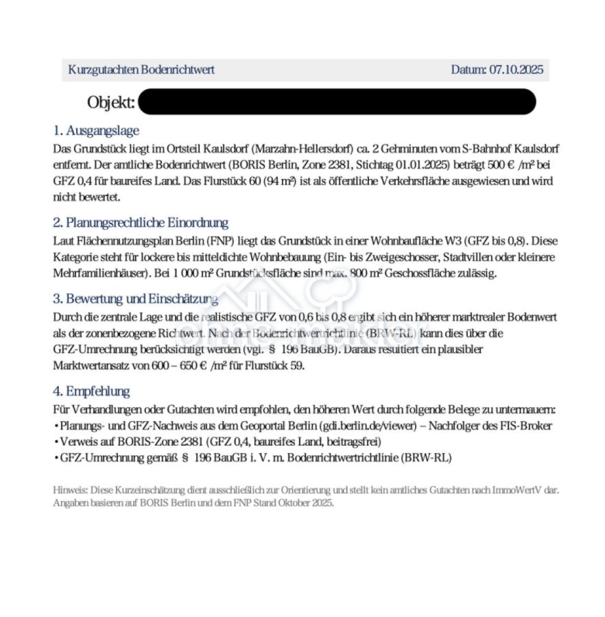 Kurzgutachten Bodenrichtwert