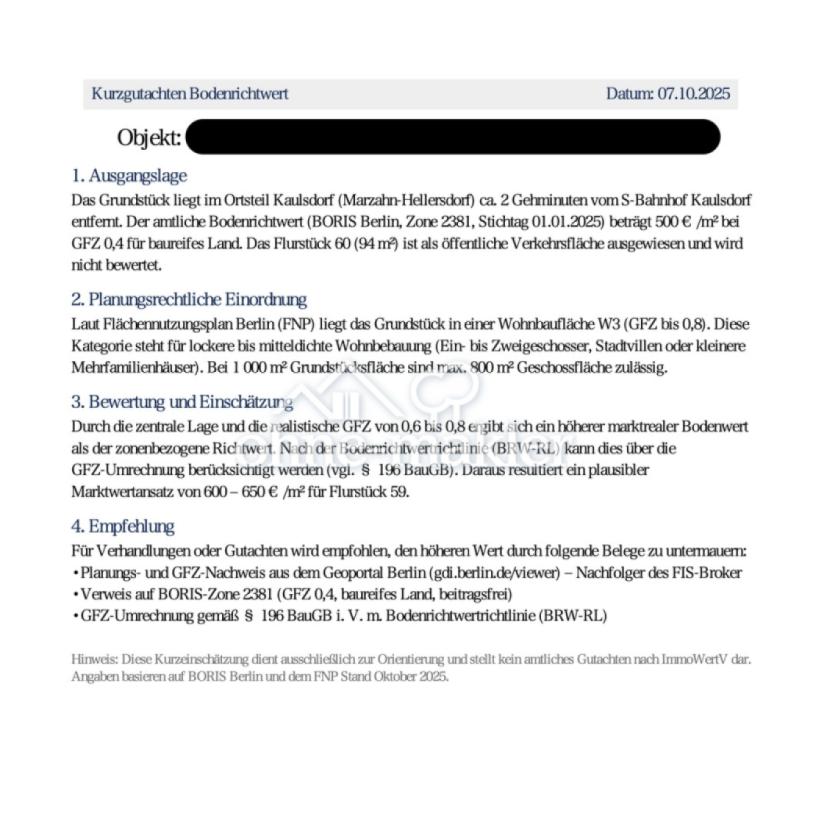 Kurzgutachten Bodenrichtwert
