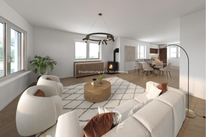 Visualisierung Wohn,- Esszimmer mit offener Küche