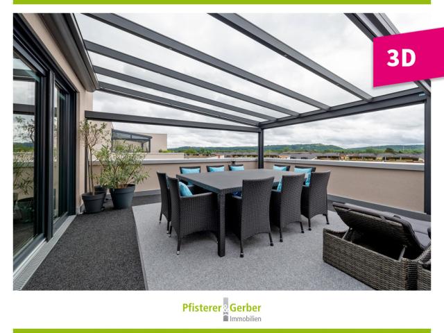 große Dachterrasse m. Pergola u. Markisen