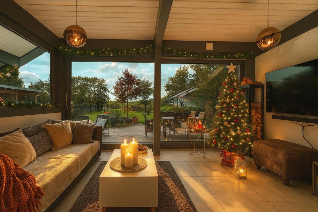 Weihnachtliches Wohnzimmer mit Gartenblick
