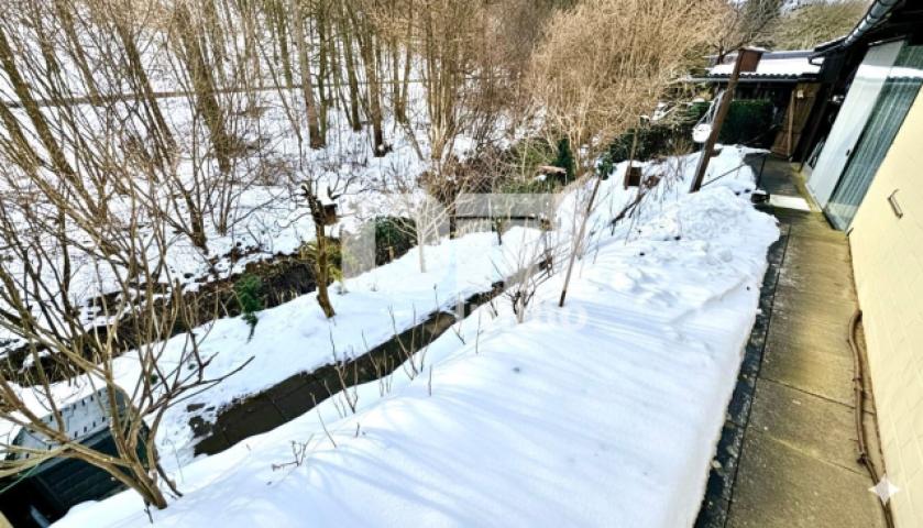 Gartenbereich hinter den Carports mit Bachlauf