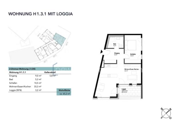 Grundriss - Wohnung H1.3.1 im Haus 1 mit Loggia