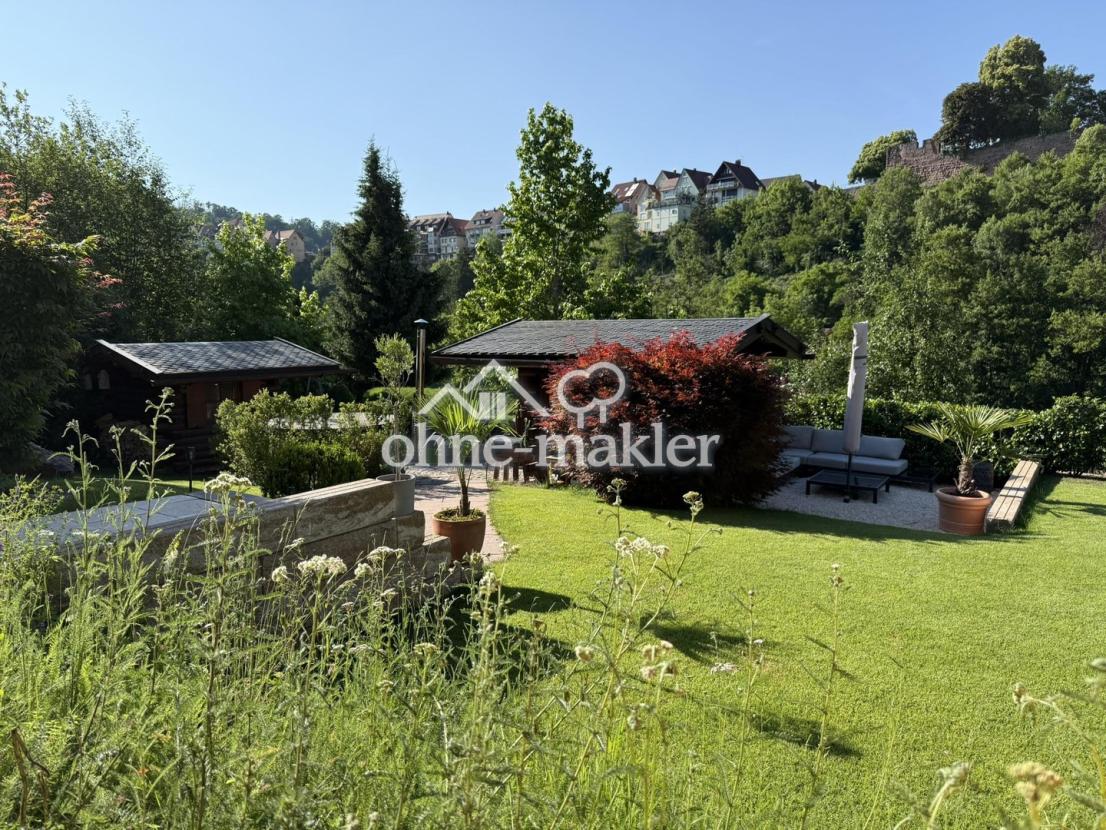 Blick zu den Gartenhütten