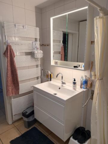 Bad mit Dusche und Waschmaschine und Trocknerstellplatz