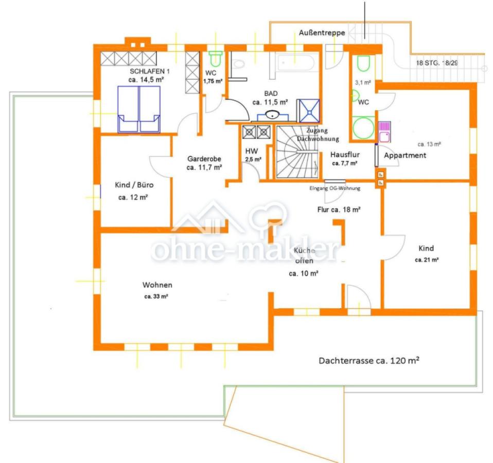 Das 1. OG mit 120 m² Dachterr.