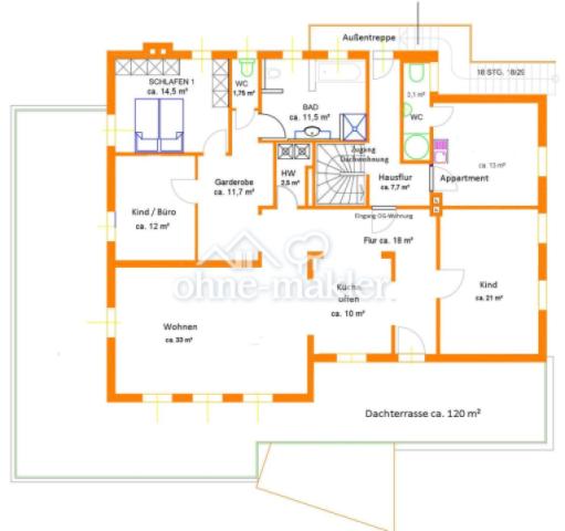 Das 1. OG mit 120 m² Dachterr.