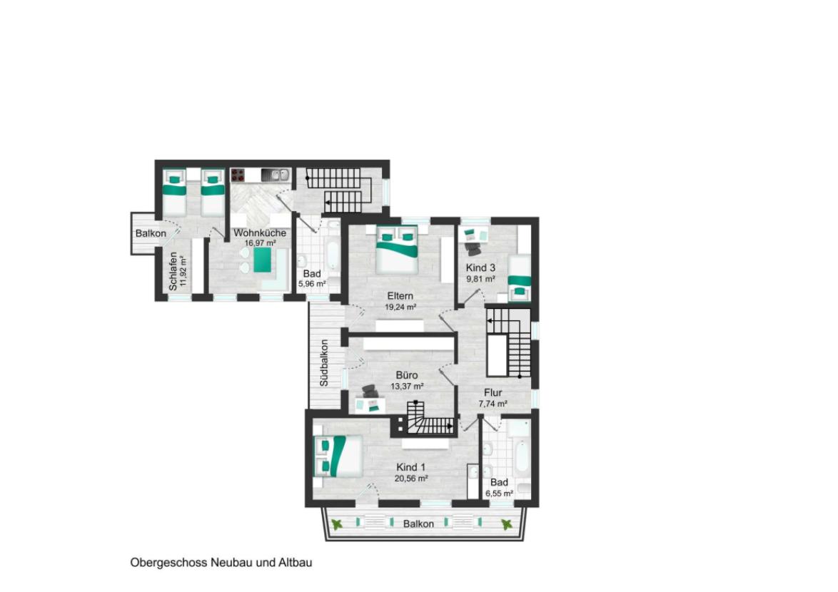 Obergeschoss Neubau und Altbau