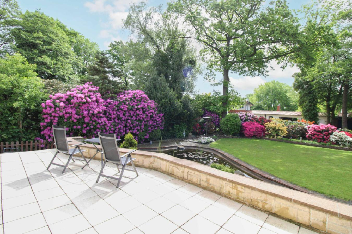 Terrassenblick mit Rhododendron
