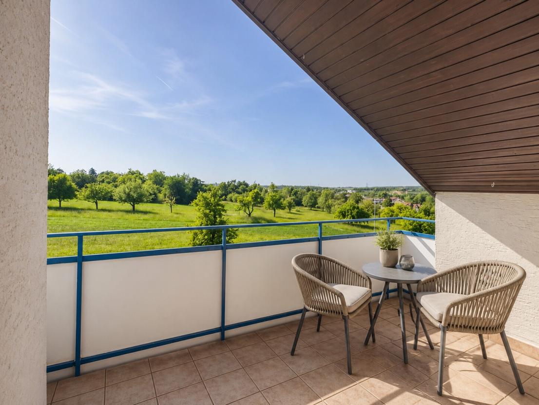 Überdachter Balkon mit traumhaftem Grünblick