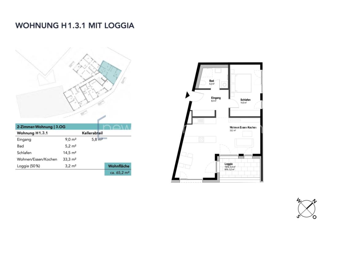 Grundriss - Wohnung H1.3.1 im Haus 1 mit Loggia