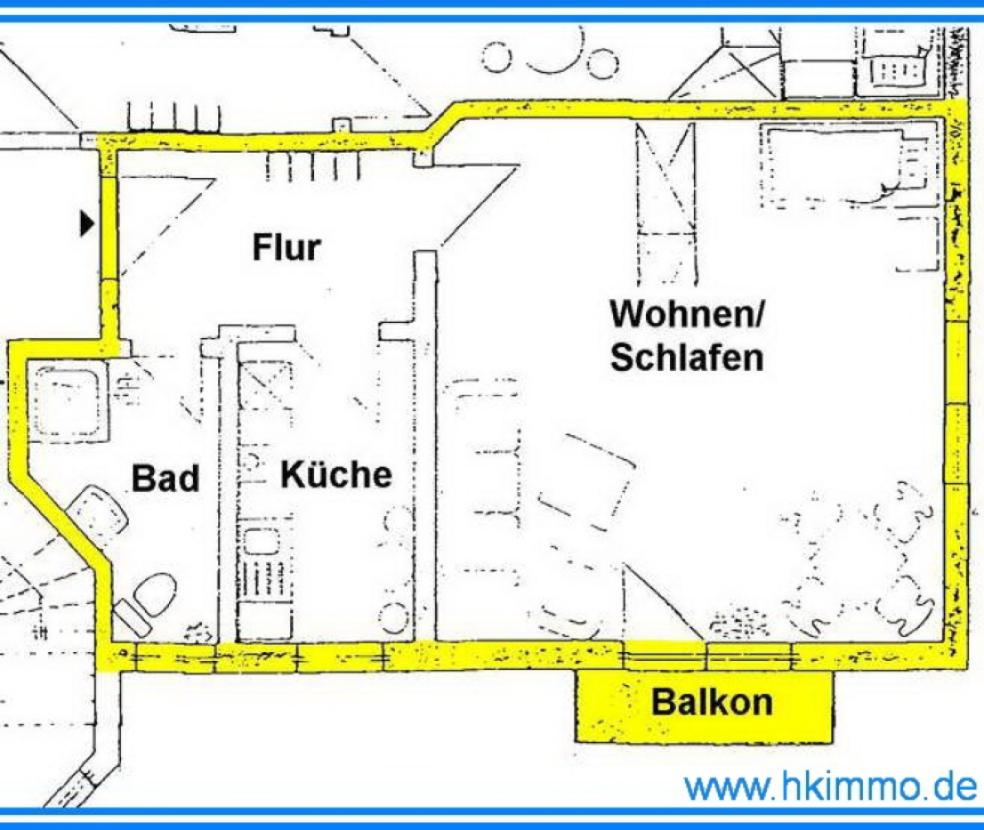 Grundriß 1-Raumwohnung mit Balkon