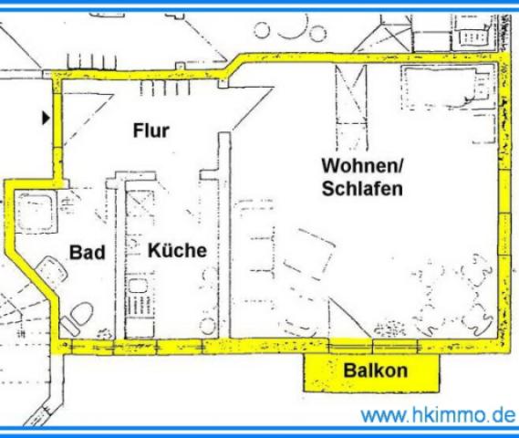 Grundriß 1-Raumwohnung mit Balkon