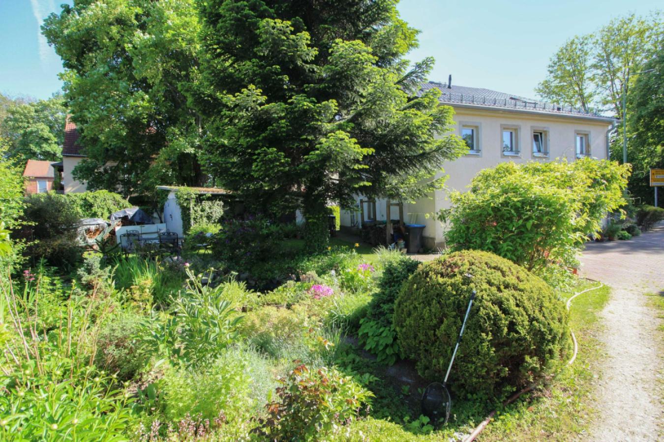 Hausansicht mit Gartenteich