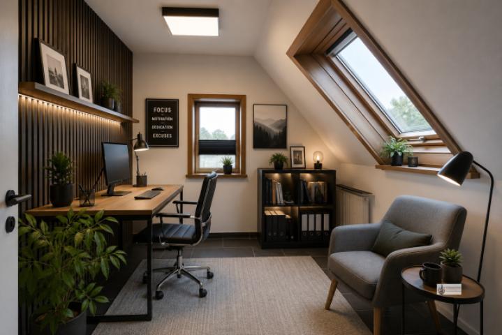 Gemütliches modernes Arbeitszimmer im Dachgeschoss