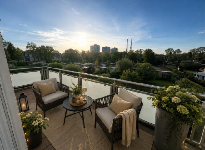 großer Balkon mit Gartenblick