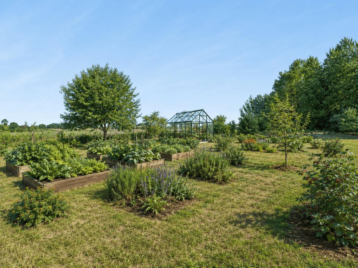 KI-Visualisierung: Gemüse- und Kräutergarten mit Gewächshaus