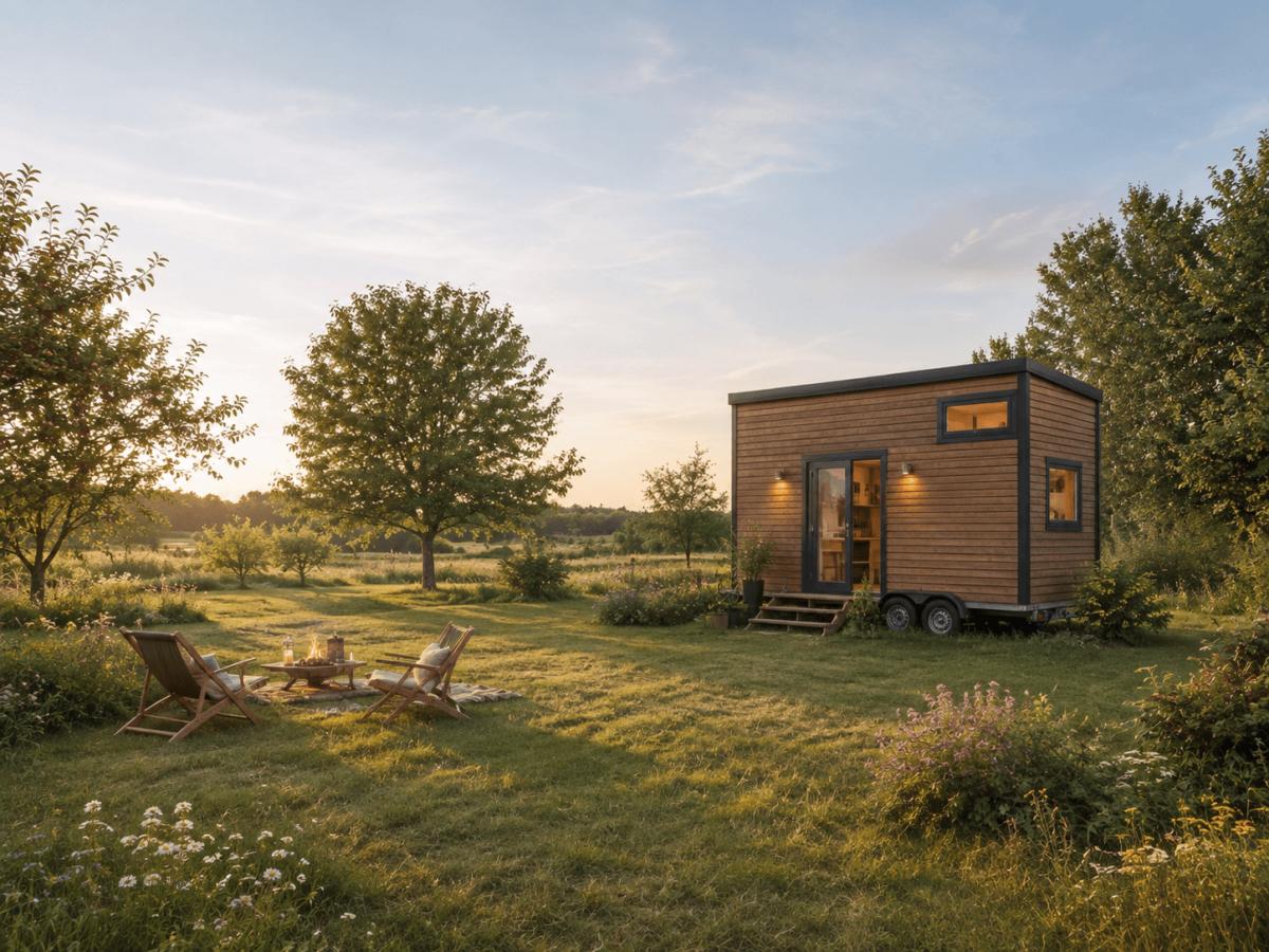 KI-Visualisierung: Naturnahes Freizeitgrundstück mit mobilem Tiny House und Nutzgarten