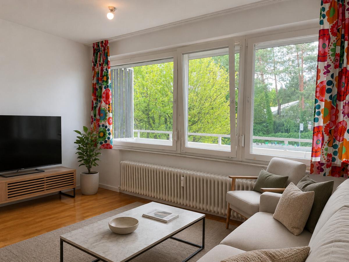 Wohnzimmer mit Fensterfront zum Balkon (virtuell aufbereitete Darstellung)