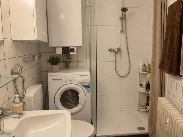 Bad mit Waschmaschinenanschluss und Dusche (virtuell aufbereitete Darstellung)