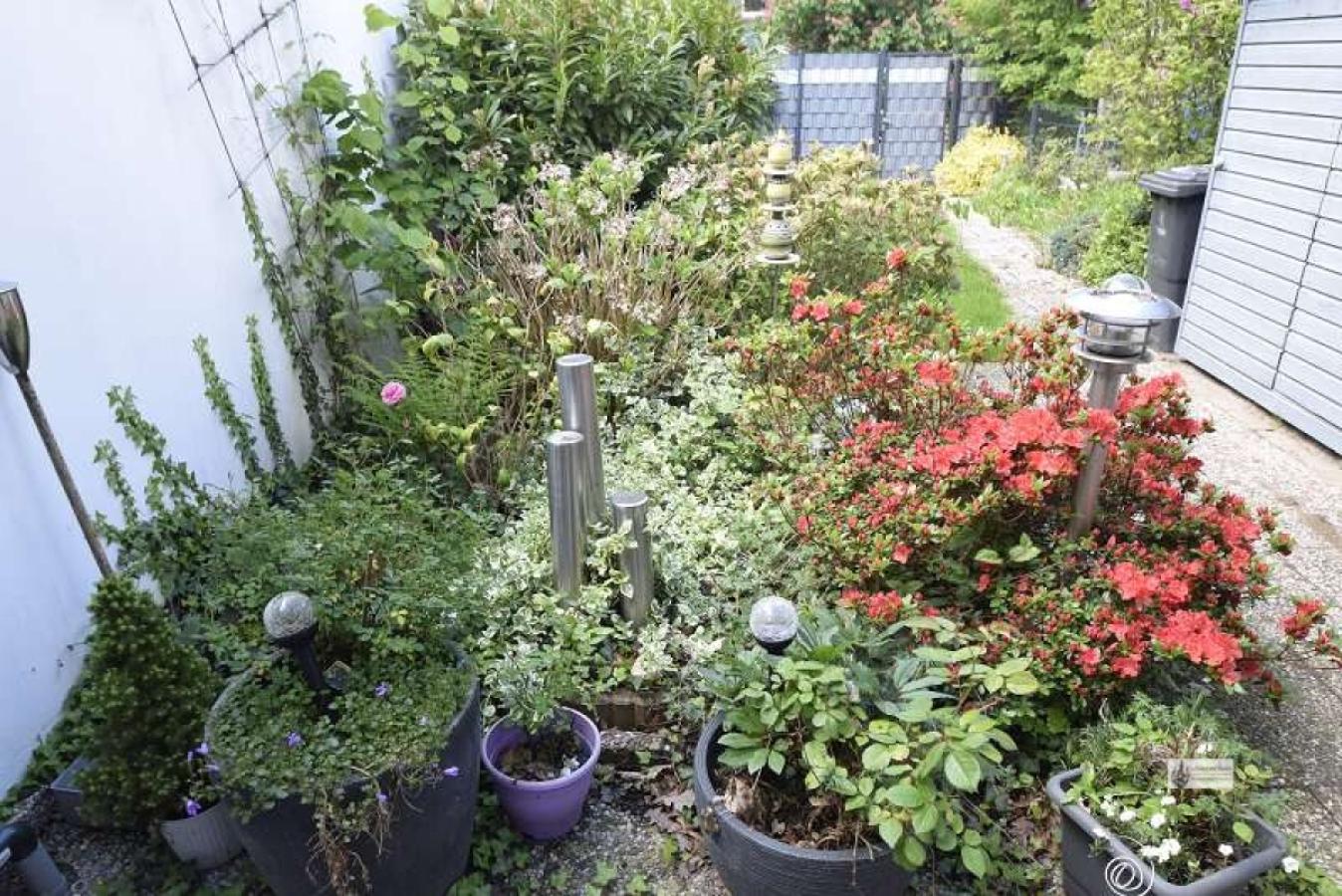 Hübsch angelegter Garten mit Wasserspiel und Leuchtsystemen