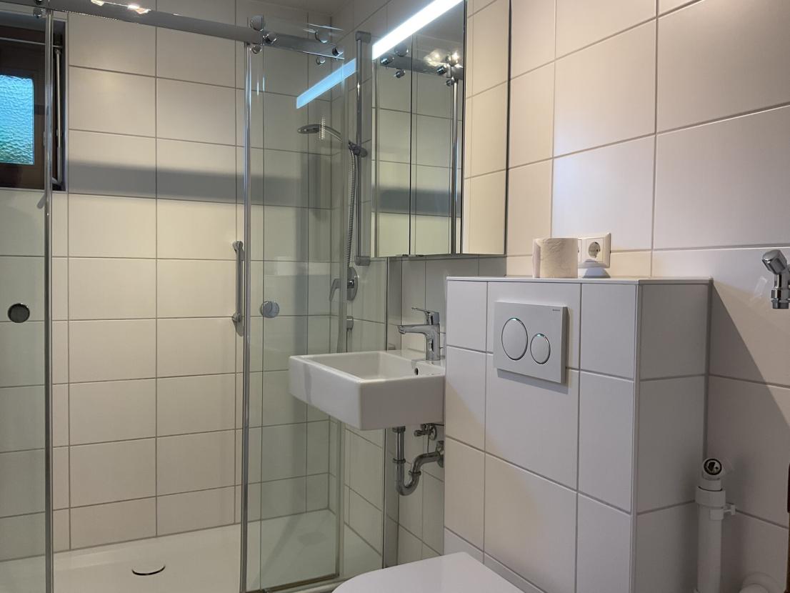 Tageslichtbad mit bodentiefer Dusche und Waschmaschinenanschluss