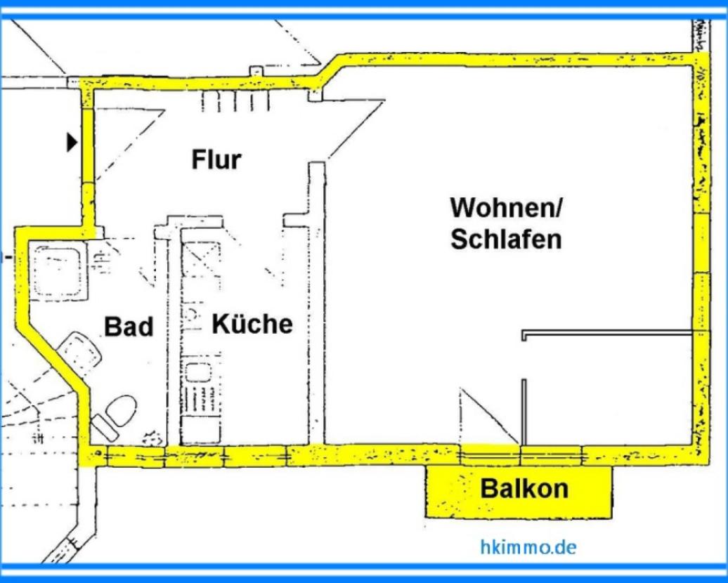 Grundriß 1-Raumwohnung mit Balkon