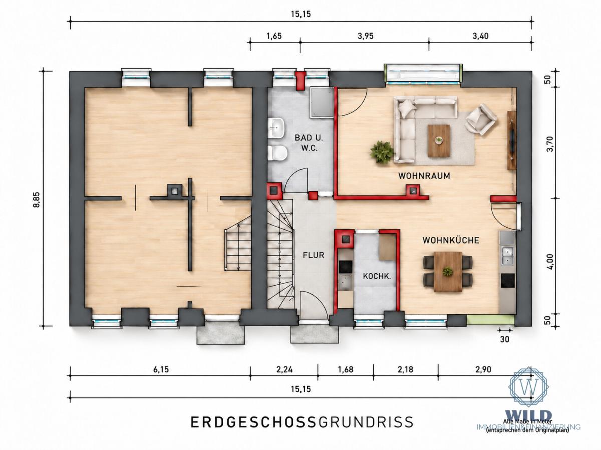 Erdgeschoss (Grundrisse stammen von 1956 und können vom aktuellen Zustand abweichen)