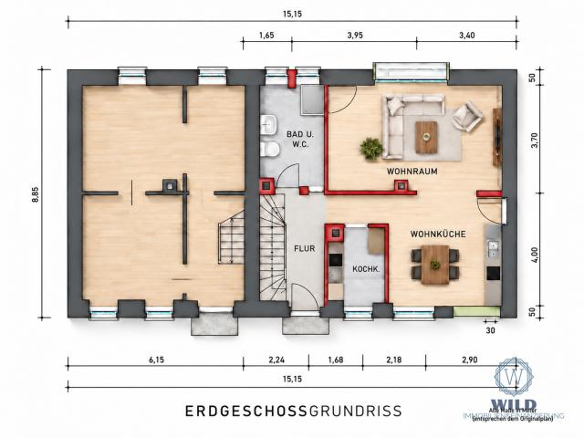 Erdgeschoss (Grundrisse stammen von 1956 und können vom aktuellen Zustand abweichen)