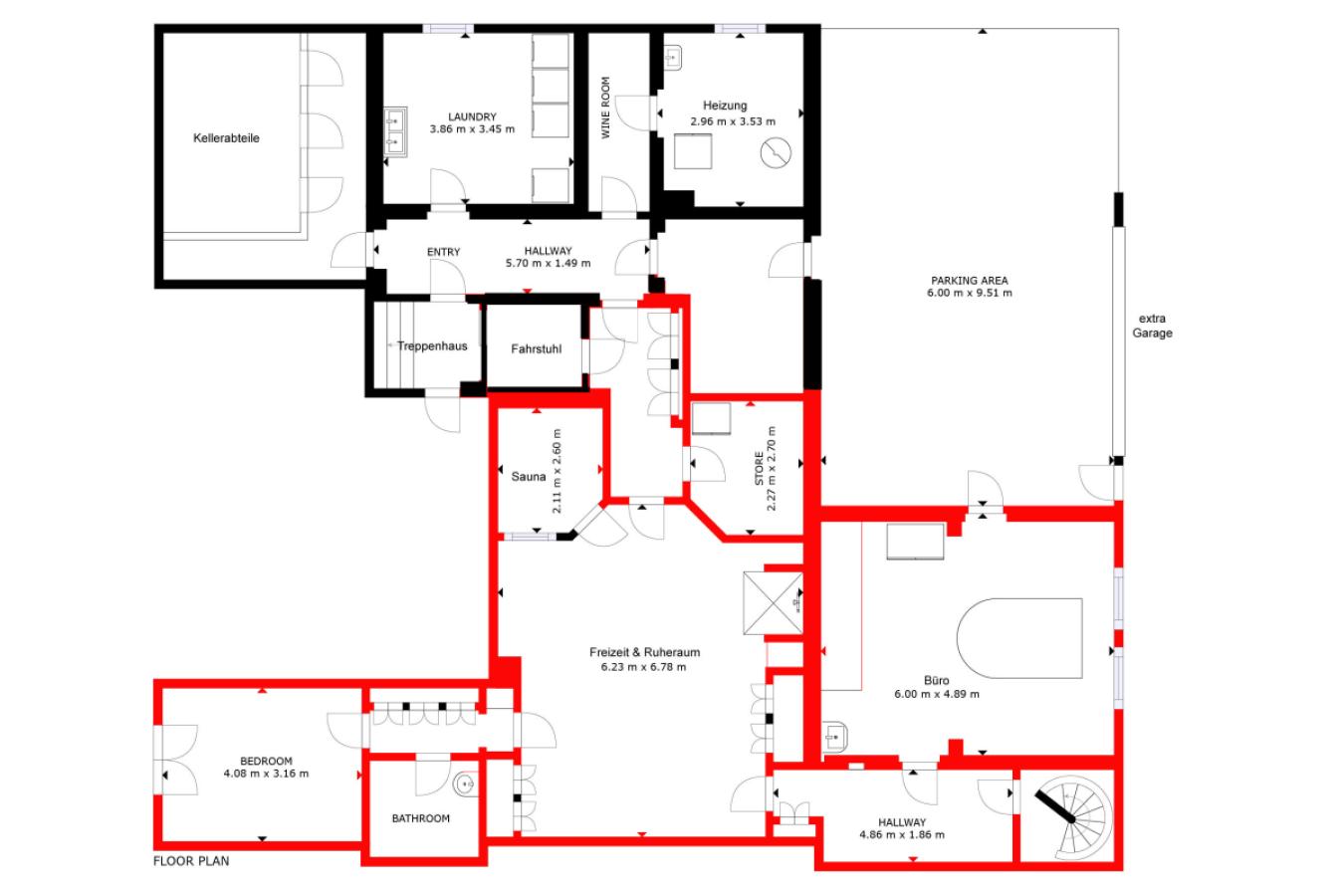 Grundriss Souterrain – eigener Bereich, ca. 125 m² Nutzfläche