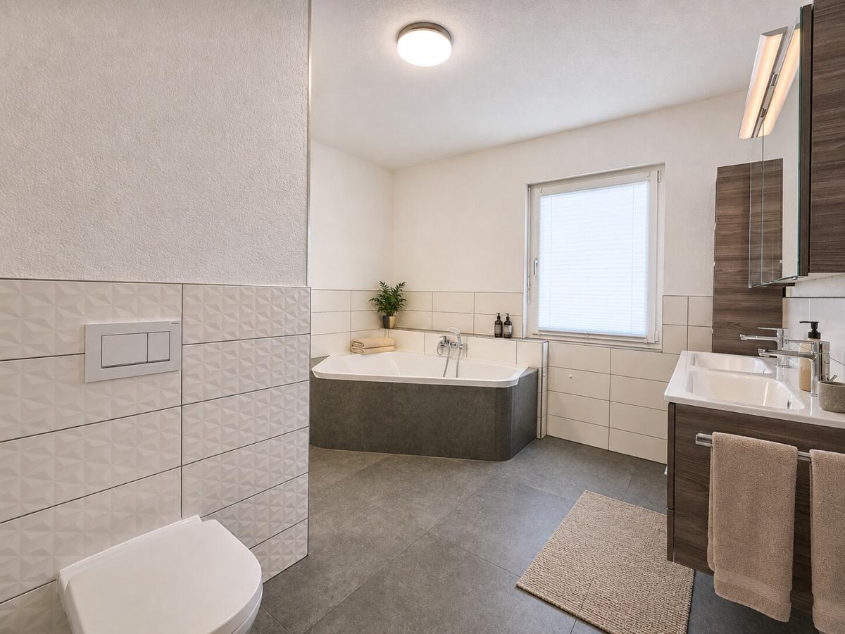 Hauptbad mit Doppelwaschbecken und Badewanne