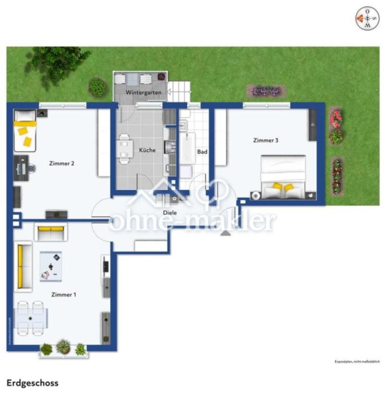 Grundriss 3 Zimmer + Garten