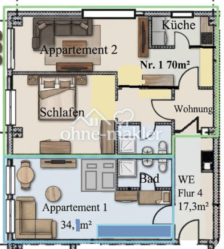 Appartement 1 & 2= 3R + Flur