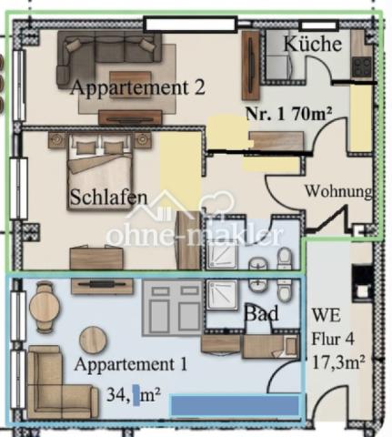 Appartement 1 & 2= 3R + Flur