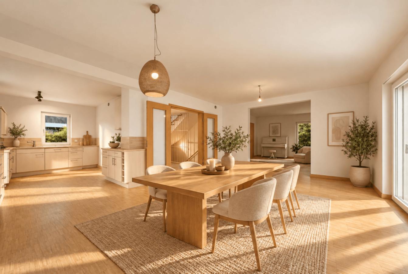 Wohnbereich mit Esszimmer KI-gestützt visualisiert