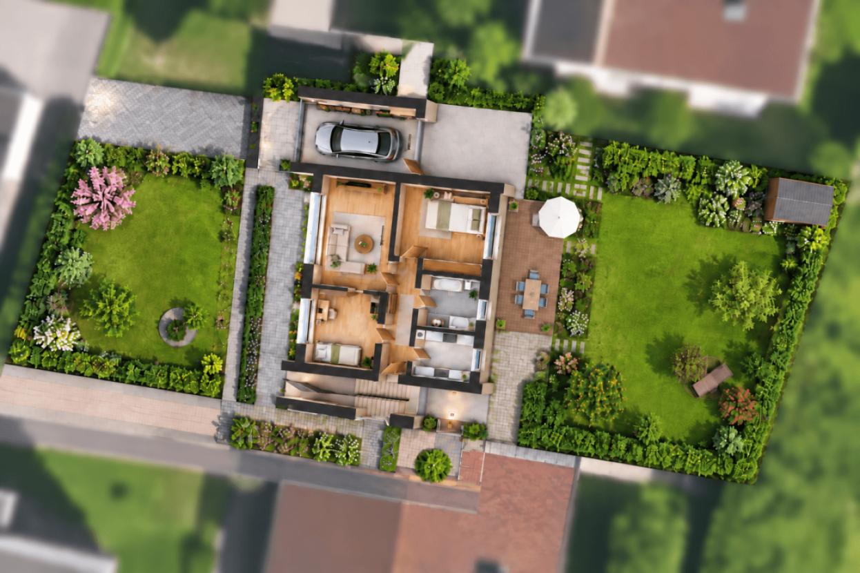 Grundriss EG mit Garten  KI generiert