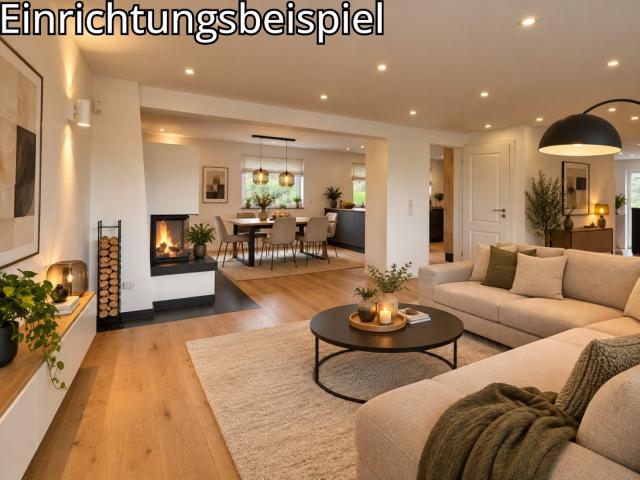 Wohnzimmer mit Kamin und Essbereich