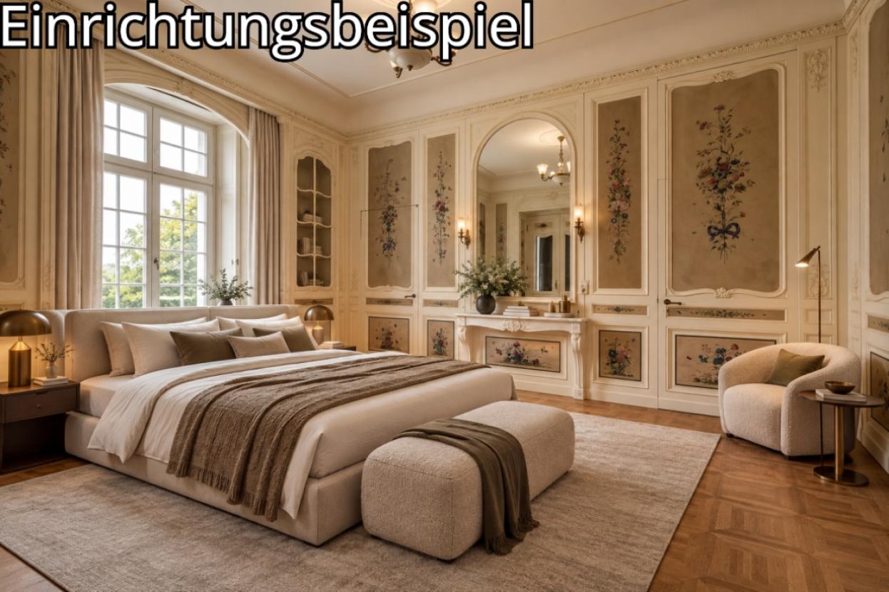Elegantes Schlafzimmer mit historischen Blumenpaneelen