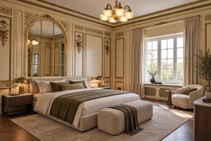 Elegantes neoklassisches Schlafzimmer mit Goldakzenten