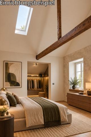 Skandinavisches Loft-Schlafzimmer mit Holzbalken
