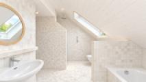Helles minimalistisches Dachbad mit Skylights