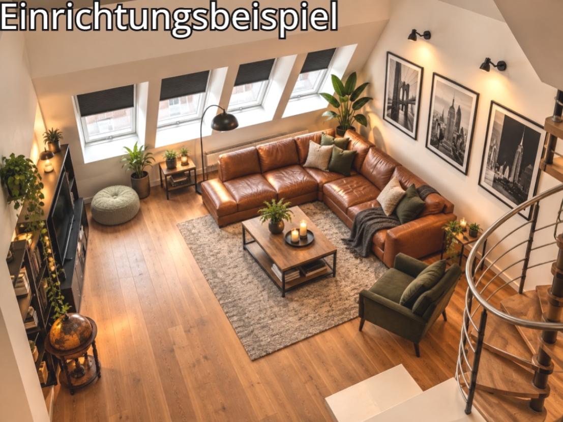 Gemütliches Loft-Wohnzimmer mit Wendeltreppe