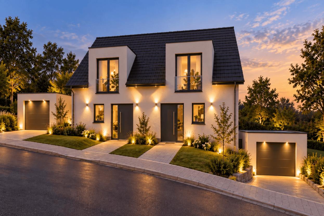 Modernes Doppelhaus im Abendlicht