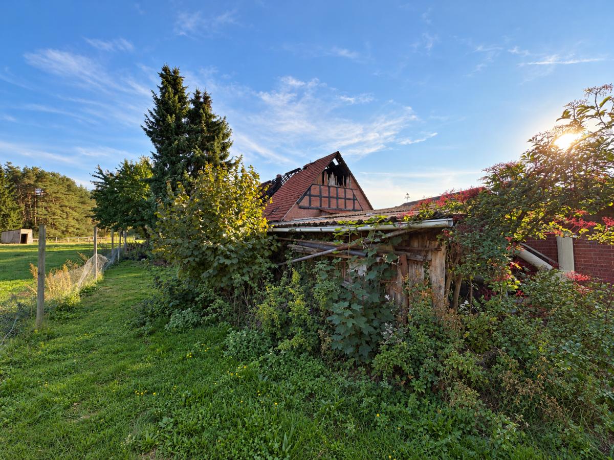 Aufgeräumter Landgarten mit verwittertem Schuppen