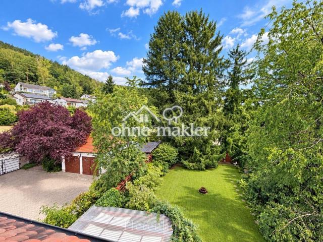 Blick  Rosengarten + Garagen