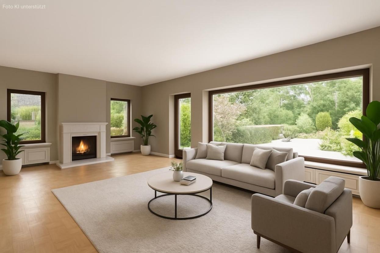 Wohnzimmer mit offenem Kamin  (Gestaltungsvorschlag KI-generiert)
