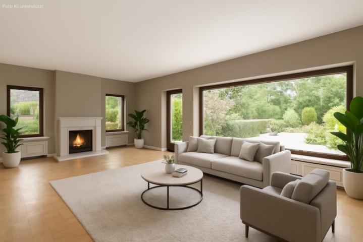 Wohnzimmer mit offenem Kamin  (Gestaltungsvorschlag KI-generiert)