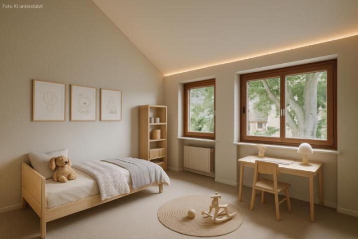Kinderzimmer zum Vorgarten  (Gestaltungsvorschlag KI-generiert)
