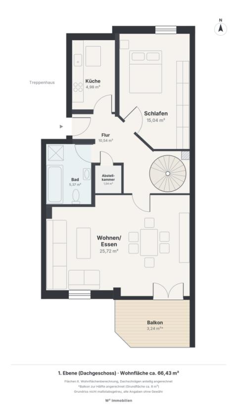 Grundriss 1. Ebene: Wohnen, Küche, Schlafen, Bad