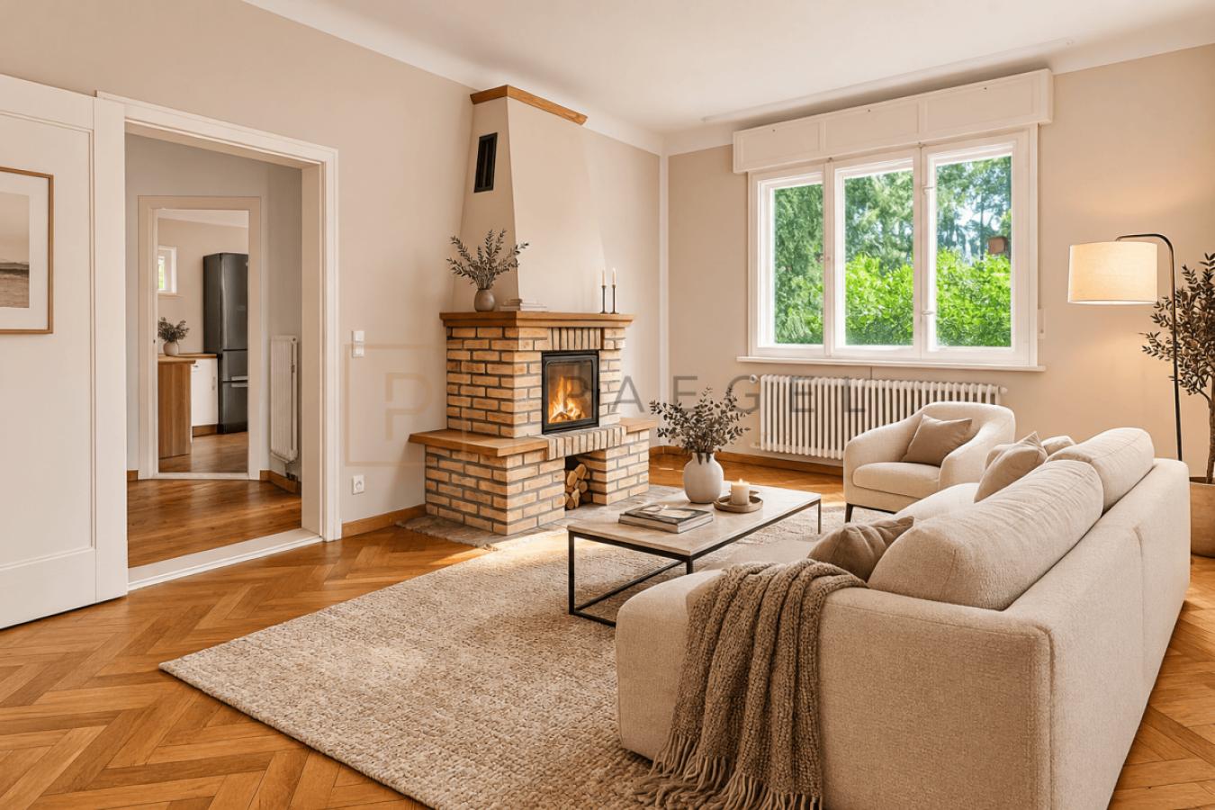 Gemütliches Wohnzimmer mit Kamin und Tageslicht
